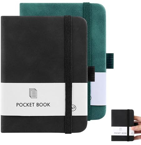 2 Stück Notizbuch Klein, Hardcover Notizbuch A7 Notizblock mit 200 Seiten, Mini Notizbuch Notizbuch mit Elastischem Verschlussband und Stifthalter, Notizbuch für Schule, Arbeit (Schwarz, Grün)