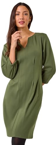 Roman Originals Ponte Notch Neck Dress for Women UK - Ladies Everyday Autumn Winter Comfy Soft Evening Vacation Work Party Night Out - Khaki - Size 18