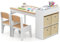 GYMAX Kids Table and Chairs Set, Wooden Children Art Desk with Paper Roll, 4 Fabric Bins&Storage Shelves, 3 in 1 Toddler Activity Table Set for Drawing Writing Learning,100x50x58cm (Natural + White)