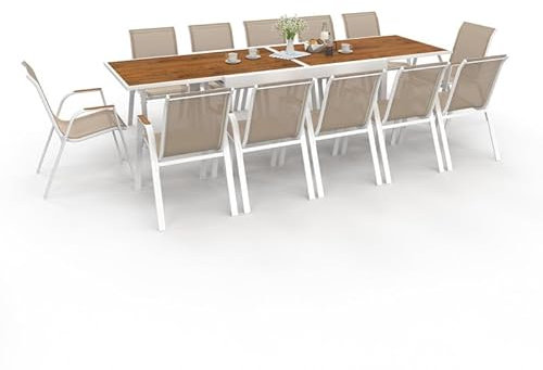 IDMarket - Salon de Jardin NOUMEA Extensible Table 135/270 cm Plateau Verre trempé Effet Bois et 12 chaises empilables Blanc et Bois