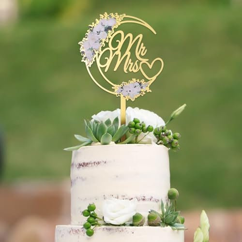 Mr and Mrs Cake Topper, Wedding Cake Toppers Bride and Groom Sign Topper Anniversary/Engagement Party Decoration, Floral Acrylic Dessert Decor