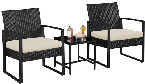 Yaheetech 3-Piece Rattan Garden Furniture Set, 2 Seater Chairs & 1 Table for Balcony with Cushions for House/Porch/Garden/Backyard/Outdoor Use, Black/Beige