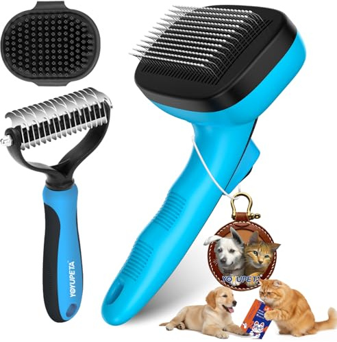 YOYUPETA 3-in-1 Unterwollbürste & Zupfbürste Set für Hunde Langhaar – Selbstreinigend, Entfernt Unterwolle & Filz – Inkl. Profi Kamm – Ideal für Golden Retriever, Schäferhund, Labrador (Blau)