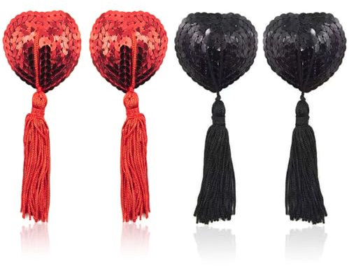 BOBOZHONG Sexy Cache-Tétons en Forme de Cœur avec Glands,2 Paires Cache-tétons réutilisables Cache Tetons Femme Sexy pour Jeux de Rôle, Déguisements et Fêtes