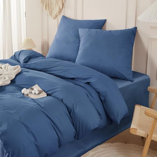 SAPHREAS Bettwäsche 200x200 100% Gewaschene Baumwolle 3teilig, Bettwäsche Sets mit Reißverschluss & 8 Schlaufen, Oeko-Tex Zertifiziert Bettbezug für Allergiker, Marineblau(Ohne Bettdecken)