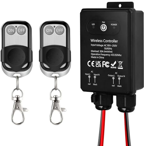 Interruttore a Telecomando Impermeabile Wireless, 220V/240V/230V AC, Relè 30A con Portata Lunga di 50m, per Controllo di Pompe, Interruttore Esterno, Illuminazione, Spazi Esterni, Pompe