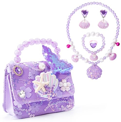 Qzakce Handtasche Schmuckset für Mädchen Meerjungfrau Thema CrossBody Bag Halskette Armband Ring Ohrring Kinderschmuck Set Prinzessin Ankleiden Geburtstag Geschenk für kleine Mädchen, 3-7 Jahre alt