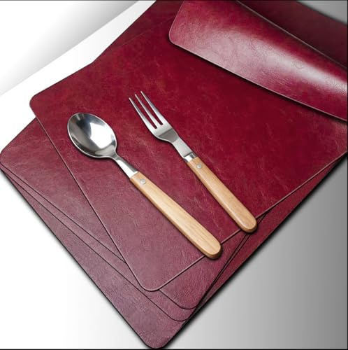 Hochwertige Rot Platzdeckchen Abwaschbar Leder,Tischsets 4er Set, Einfach zu Reinigen-Leicht zu Warten-Auslaufsicher Platzset, Telleruntersetzer Plastik Kunststoff für Tischdekoration Weihnachtsessen