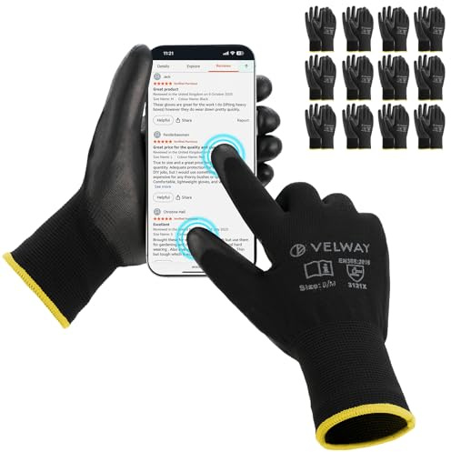 Velway Arbeitshandschuhe PU-beschichtet Leicht, 12 Paar | Rutschfest Atmungsaktiv, EN388, Montagehandschuhe Herren Damen Handschuhe für Gartenarbeit, Mechanik, Logistik und Handwerk