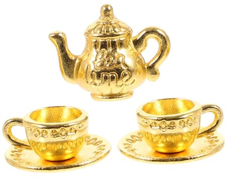 GALPADA Miniature Dollhouse Metal Teapot Set Gold Mini Tea Cups Decorative Accessories for Doll House Decoration Creative Scale Dollhouse Food Drink Smooth Surface Mini Tea Set for