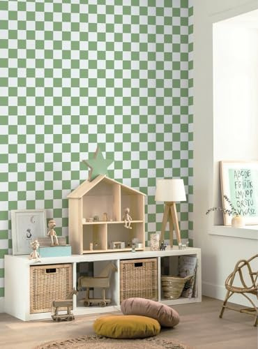 Yomshi Selbstklebende Tapete Boho Klebefolie Möbel 44 x 300 cm Geometrische Tapete Grün Karierte Klebetapete für Schubladen Schlafzimmer Wohnzimmer Wasserdicht Mieterfreundlich Strukturiert
