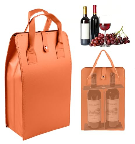 Sac Cadeau Grand Format, Pochon Tissu Pochette Cadeau pour 2 Bouteilles en Cuir PU, Emballage Cadeau Réutilisable pour Vin et Champagne, Sac Cadeau Orange 35x22x9.5cm pour Événements d'Entreprise