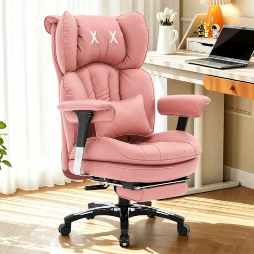 Efomao Desk Office Chair, Heavy Duty 200kg Big and Tall Executive Computer Chair, Unique XX Embroidery Ergonomic High Back PU Leather Chair with Retractable Footrest, Pink