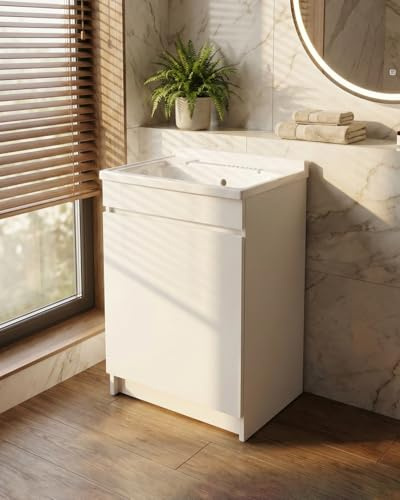 Delmar Mobile Lavatoio in Legno Nobilitato, Bianco, 60x45 cm Altezza 85 cm, Con Sportello Push e Lavabo Pila Pilozzo in Resina, Made in Italy, Già Montato per Bagno e Lavanderia