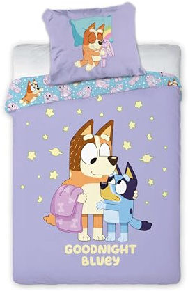 BrandMac Bluey Goodnight Bluey Wende-Bettwäsche-Set 135x200 80x80 Kinder | 100% Baumwolle, Bettbezug & Kissenbezug, Schwester Bingo, Mama Chilli