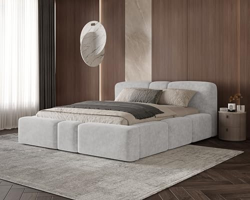 Chilly. Polsterbett Monte - Bett 160x200 cm- Bettkasten und Stauraum - Doppelbett mit Stabilem Metallrahmen - Weicher Perfect Harmony-Stoff - Hellgrau