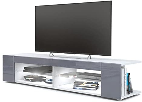 Vladon Lowboard Movie, TV-Kommode mit 4 offenen Fächern und Zierleisten, Weiß matt/Grau Hochglanz, inkl. LED-Beleuchtung weiß (134 x 29 x 39 cm)