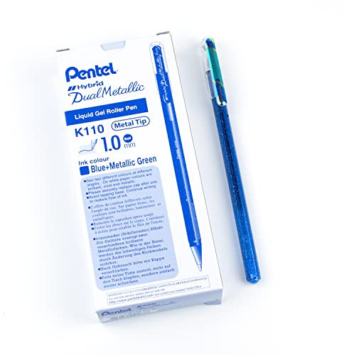 Pentel K110-DCX Dual Metallic Hybrid Dual Metallic Gelroller, Glitzer Gel, 12er Pack, blau/grün 2 verschiedene Farb-Effekte auf hellem/dunklem Papier blau+metallic grün
