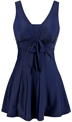 Wantdo Femme Maillots de Bain Une Pièce Robe pour Natation Sportif Impression Élasticité Imprimé Fleur Col en V Taille Plus Cache-Ventre Bretelles Larges Rembourré,Bleu Marine(02),EU52/ UK 24
