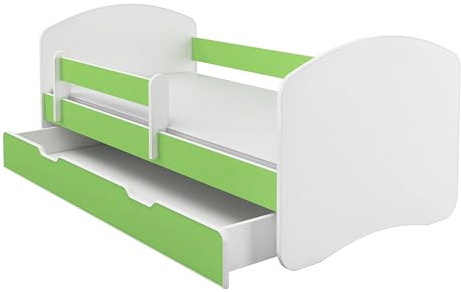 ACMA Kinderbett 140x70 cm Grün mit Matratze und Lattenrost - Juniorbett mit Rausfallschutz, Belastbar bis 120 kg,Variante mit Schublade