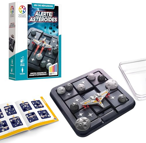 SmartGames - Warnung! Asteroiden – Denkspiel – Gehen Sie unversehrt aus dem Feld von Asteroiden – 60 Herausforderungen mit verschiedenen Levels – 1 Spieler – ab 8 Jahren