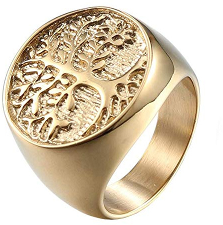 IFUAQZ Anello da uomo in acciaio inox placcato oro, stile vintage, con albero della vita, anello da motociclista, con top rotondo, Metallo, Nessuna pietra preziosa
