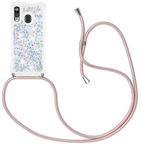 MXKOCO Handykette kompatibel mit Samsung Galaxy A40 Glitzer Flüssig Bewegende Treibsand Hülle mit Band Umhängetaschen+Hüllen mit Umhängeband Handykordel mit Schutzhülle Stylische Kette mit Hülle