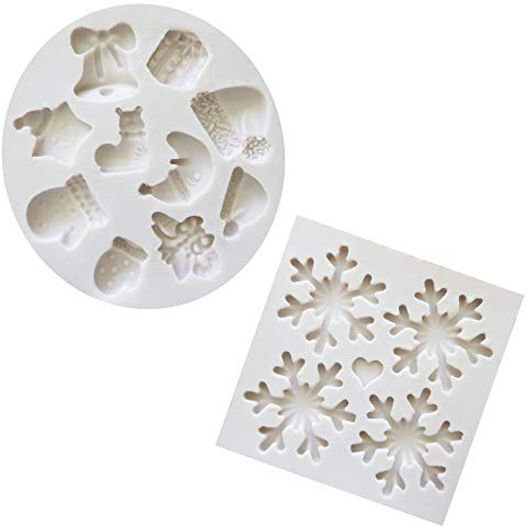 2 Pcs Fondant Silicone Molds, CNYMANY 14 Cavity 3D Christmas Snowflake Bell Sugar Craft Cake Decoration Cupcake Topper Crafting Projects Gum Paste Resin Polymer Clay Mould