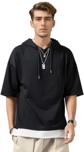 KENAIJING Herren Kurzarm Hoodie Freizeit T Shirt mit Kapuze Herren Sweatshirt Kapuzenshirt (Schwarz, 4XL)
