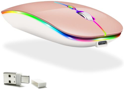 KLO Souris LED rechargeable (BT5.2 + Type-C + USB 2.4G) Bluetooth souris pour MacBook/MacBook Air/Pro/iPad, souris sans fil pour ordinateur portable/Notebook/PC/iPad/Chromebook (A LED/or rose)
