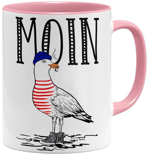 OM3® Seemöwe Moin Kaffee-Tasse mit Spruch - Guten Morgen Möwe II - Keramik Becher - 11oz 325ml - Beidseitig Bedruckt - Rosa