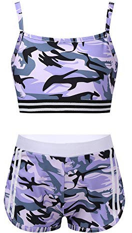 TiaoBug Mädchen Bikini Tankini Set Bustier Top und Sport Shorts Hot Pants Set Sommer Badeanzug Ballett Tanz Bekleidung mit Allover Druck Camouflage Violett 158-164