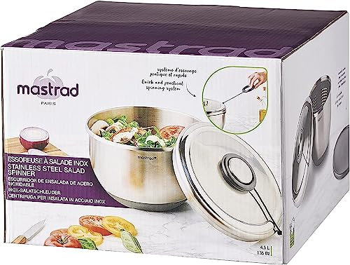 Mastrad - Essoreuse A Salade En Inox - Graduation Intérieure - Capacité 4,5L - Couvercle En Plus Pour Conserver Les Restes Acier Inoxydable 18/8 - Gris et Noir