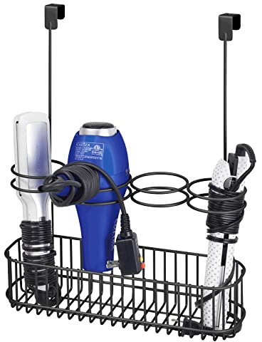 mDesign Metal Bathroom 4 Section Storage Tool Organizer Basket Tray - Hang Over Cabinet Door - Storage for Hair Dryer, Straightener, Curling Iron, Styling Products - Concerto Collection - Black