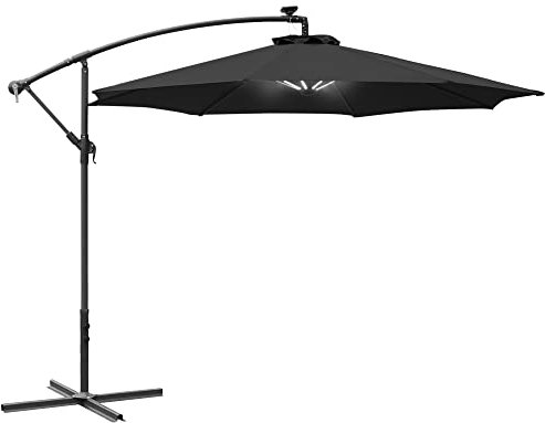 Outsunny 3(m) Banana Cantilever Parasol with Solar LED Lights, Garden Umbrella with Cross Base and Crank Handle, Hanging Offset Sun Shade for Outdoor, Patio, Black