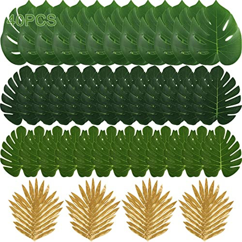 KDUH Feuille Palmier Artificielle Décoration Jungle 40 Pcs, Feuille Tropicale Décoration Feuilles Palmier Palmier Exterieur Décoration, Comprendre 4 Morceaux De Fausses Feuilles De Palmier Dorées