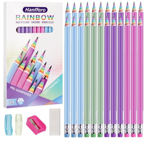 Hanffero Rainbow Pencils, Writing Drawing Pencil with Rubber, Recyclable Paper Material, Pre-Sharpened, for School and Office - Hardness #2 HB (Pack of 24)