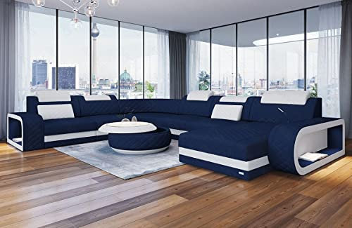 Sofa Dreams XXL Stoff Wohnlandschaft Berlin - mit LED Beleuchtung, verstellbare Kopfstützen, Ottomane/Mikrofaser/Ausrichtung wählbar (Ottomane rechts, Weiss-Dunkelblau)