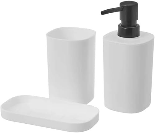 Set para el baño - Juego 3 Accesorios para Lavabo - Kit de 3 Piezas - 1x dispensador de jabón 1x Vaso 1x Bandeja (Blanco)