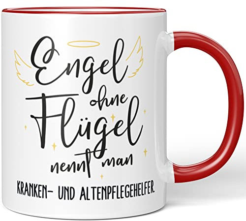 JUNIWORDS Tasse, Engel ohne Flügel nennt man Kranken- und Altenpflegehelfer, Rot (5170930)