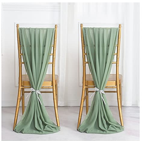 Yurosiay 2 Stück Hochzeit Stuhlhussen Stuhlschleifen Chiffon Romantisch Tüll Stuhlbezug Chiffon Stuhlschärpen Hochzeit Gangstuhl Deko Tüll Schleife Stuhl für Hochzeit Salbeigrün 30X300Cm