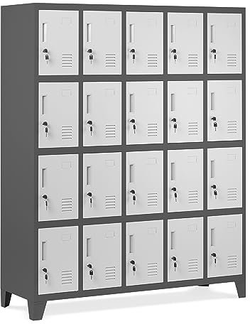 Domator Umkleideschrank 5B4A Fächerschrank Schließfachschrank mit 20 Fächern Wertfachschrank Metall Pulverbeschichtung 172 cm x 136 cm x 45 cm (H x B x T) (Anthrazit-Weiß)
