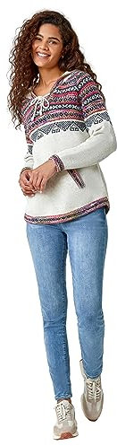Roman Originals Women Jumper with Hood Ladies Winter Knitted Hoodie with Pockets Fairisle Nordic Aztec Print Hooded Sweater Knit Knitwear Autumn Flattering Casual Smart - Ivory - Size 12