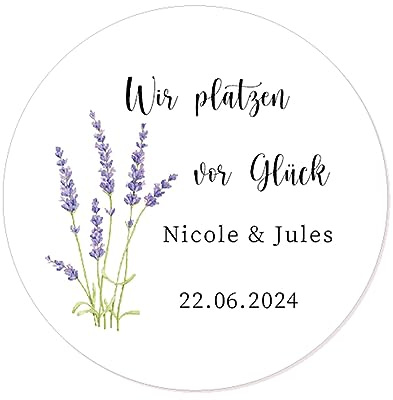50 Wir platzen vor Glück Aufkleber PERSONALISIERT Hochzeit Sticker 40mm rund Gastgeschenke Etiketten - Rd 665 (001)