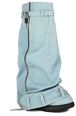 Stivali Jeans Piegati Lucchetto Piattaforma Lusso Donna Zeppe Laterali Cerniera Punta Rotonda Stivali Motociclista Alti al Ginocchio in Jeans Blu Stivali Lunghi Punk alla Moda,Light Blue,44 EU