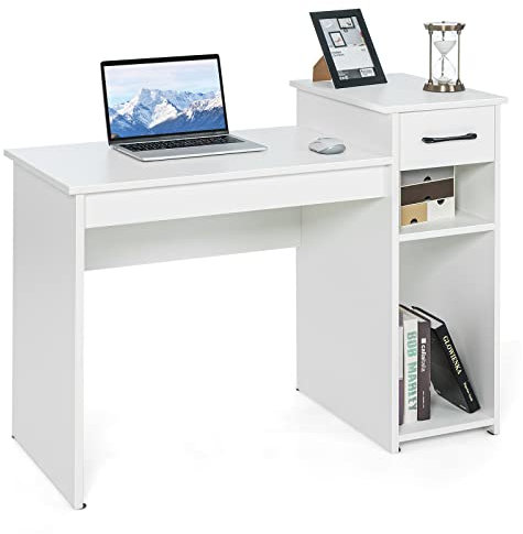 COSTWAY Schreibtisch mit Schublade und offenen Regalen, Computertisch Holz, Arbeitstisch Bürotisch PC-Tisch für kleine Räume, 104 x 50 x 82 cm, Weiß