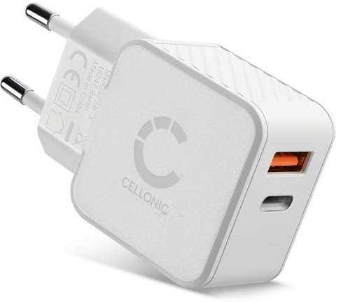 CELLONIC Cargador Universal con Puertos USB C y USB A de Color Blanco - Adaptador de Corriente USB C de 20 W + USB QC3.0 Compatible con iPhone, iPad, Huawei, Phone, Tablet, Switch y Mucho más