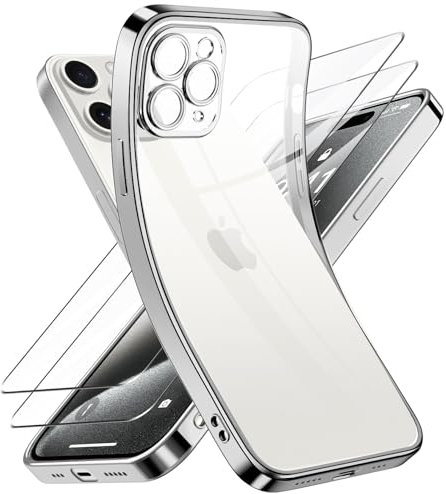 Qasyfanc Kameraschutzhülle Kompatibel für iPhone 15 Pro Hülle mit 2 Stück Schutzfolie, iPhone 15 Pro Case Vergilbungsfrei Dünne Weiche Silikon Handyhülle für Frauen Mädchen, Silber