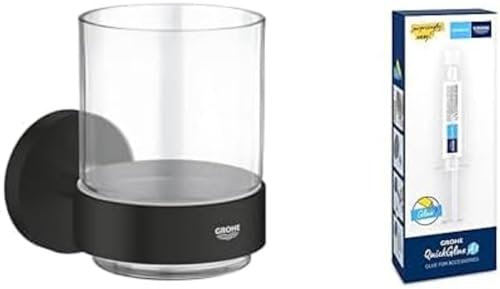 GROHE Start Cube QuickFix Toilet Roll Holder Without Cover & A1 QuickGlue (Metal, Wall Mounted, Concealed Fastening, with Screws and Dowels), Size 138mm, Matt Black, 409782430