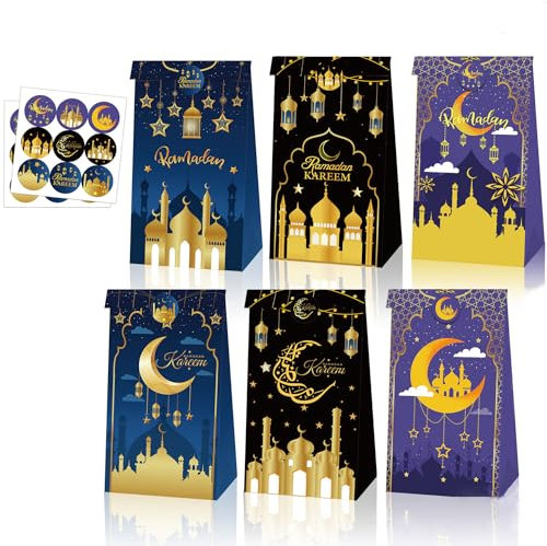 12 Stück Geschenktaschen zu Ramadan, Eid Mubarak Geschenktüte,ramadan tüten,18 Stück Eid Mubarak Aufkleber Partytüten, Candy Geschenktüten Party Dekorationen 12x22cm